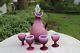 Fenton Plum Opalescent Hobnail Decanter and 4 Wine Goblets