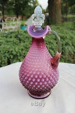 Fenton Plum Opalescent Hobnail Decanter and 4 Wine Goblets