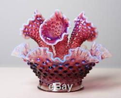 Fenton Plum Purple Amethyst Opalescent Hobnail Epergne Ruffled Glass Vase