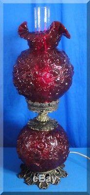 Fenton Poppy Art Glass Cranberry Ruby Red Pink Rose Gwtw Hurricane Table Lamp