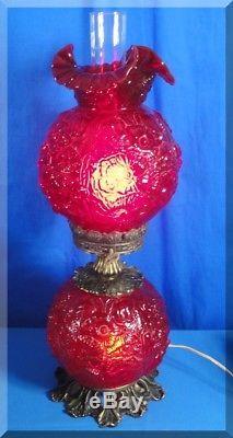Fenton Poppy Art Glass Cranberry Ruby Red Pink Rose Gwtw Hurricane Table Lamp