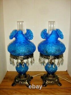 Fenton Poppy Blue Student Lamp With Flower Glass And Crystal Prisms