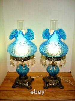 Fenton Poppy Blue Student Lamp With Flower Glass And Crystal Prisms