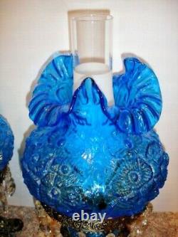 Fenton Poppy Blue Student Lamp With Flower Glass And Crystal Prisms