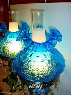 Fenton Poppy Blue Student Lamp With Flower Glass And Crystal Prisms