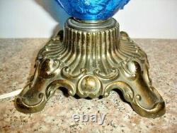 Fenton Poppy Blue Student Lamp With Flower Glass And Crystal Prisms