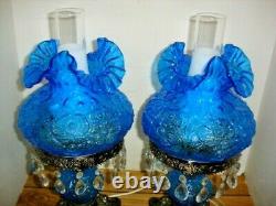 Fenton Poppy Blue Student Lamp With Flower Glass And Crystal Prisms