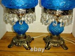 Fenton Poppy Blue Student Lamp With Flower Glass And Crystal Prisms