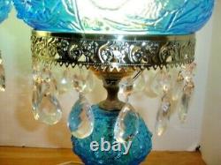 Fenton Poppy Blue Student Lamp With Flower Glass And Crystal Prisms