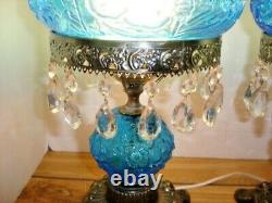 Fenton Poppy Blue Student Lamp With Flower Glass And Crystal Prisms