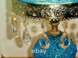 Fenton Poppy Blue Student Lamp With Flower Glass And Crystal Prisms