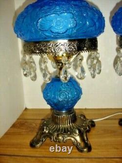 Fenton Poppy Blue Student Lamp With Flower Glass And Crystal Prisms