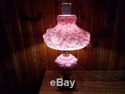 Fenton Puffy White Rose Overlay Lamp Pink 1950's LG Wright Gorgeous Vintage