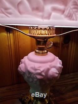 Fenton Puffy White Rose Overlay Lamp Pink 1950's LG Wright Gorgeous Vintage