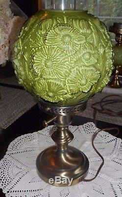 Fenton Rarities Lamp Shelly Green Overlay Poppy Table Lamp Unusual Size Globe