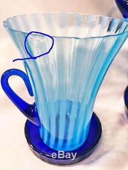 Fenton Rib Optic Blue Opalescent Glass Iced Tea Lemonade Set Circa 1920's