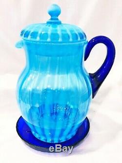 Fenton Rib Optic Blue Opalescent Glass Iced Tea Lemonade Set Circa 1920's