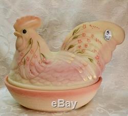 Fenton, Rooster Box / Rooster on Nest, Burmese Glass, Sanded, Hand Decorated