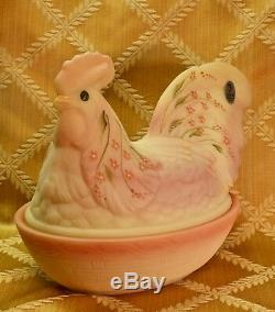 Fenton, Rooster Box / Rooster on Nest, Burmese Glass, Sanded, Hand Decorated