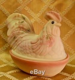 Fenton, Rooster Box / Rooster on Nest, Burmese Glass, Sanded, Hand Decorated