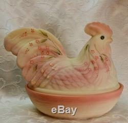 Fenton, Rooster Box / Rooster on Nest, Burmese Glass, Sanded, Hand Decorated