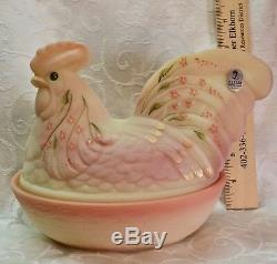 Fenton, Rooster Box / Rooster on Nest, Burmese Glass, Sanded, Hand Decorated