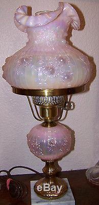 Fenton Rose Pearl Iridescent Pink Cabbage Rose Marble Base Hurricane Lamp
