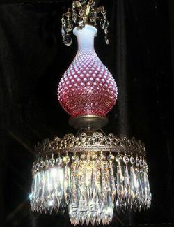 Fenton SWAG Bedroom Cranberry hobnail art Glass Crystal Lamp Chandelier Vintage