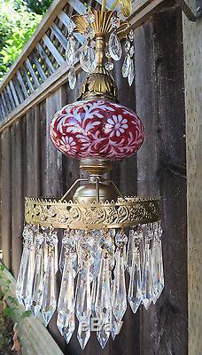Fenton SWAG Cranberry Daisy Fern Glass Crystal Lamp Chandelier Vintage opalescen