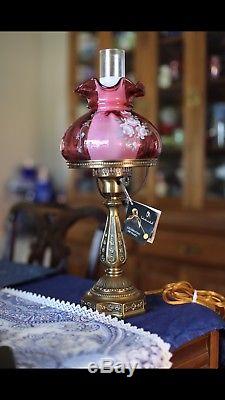 Fenton Student Glass Lamp Ivory Roses On Cranberry