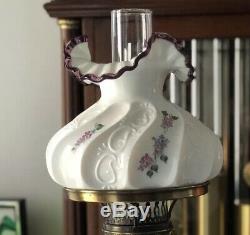 Fenton Student Glass Lamp White Paisly Pattern & Hand Painted Flowers Plum Crest
