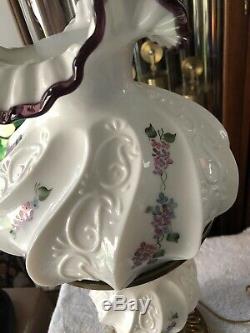 Fenton Student Glass Lamp White Paisly Pattern & Hand Painted Flowers Plum Crest
