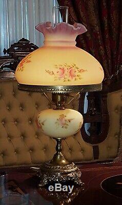 Fenton Student Lamp Burmese Glass Sunset Roses Vintage Satin Vaseline Excellent