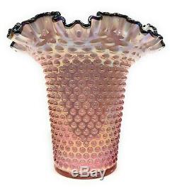 Fenton Sunset Pink Overlay Iridized Hobnail 8 Vase Ruffled Black Crest QVC 2002