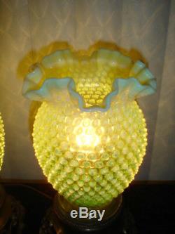 Fenton TOPAZ VASELINE GLASS Opalescent hobnail vase lamp