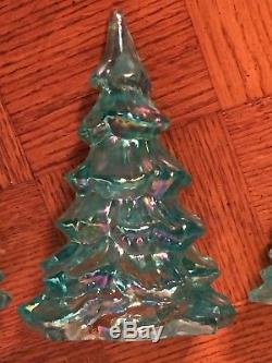 Fenton The American Christmas Pine Tree 3 Piece Set Iridescent Green