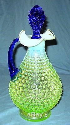 Fenton Topaz Opalescent Hobnail Decanter/Cruet with Cobalt Stopper and Handle