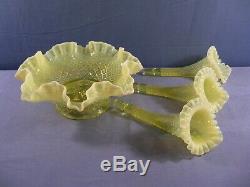Fenton Topaz Opalescent Vaseline Glass Diamond Lace Three Horn Epergne CLEARANCE