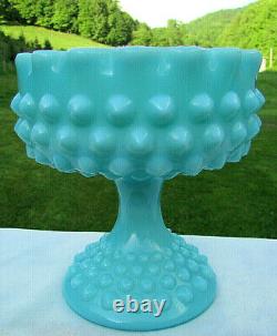 Fenton Turquoise Blue Milk Glass Hobnail Pedestal Ruffle Candy Dish