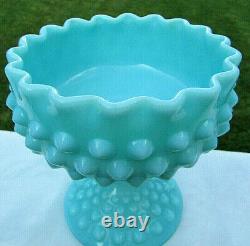 Fenton Turquoise Blue Milk Glass Hobnail Pedestal Ruffle Candy Dish