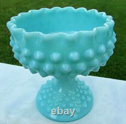 Fenton Turquoise Blue Milk Glass Hobnail Pedestal Ruffle Candy Dish