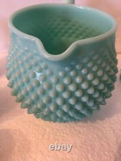 Fenton Turquoise Milk Glass Hobnail Blue Green Pitcher And Glasses Tumblers