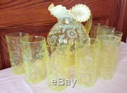 Fenton Vaseline Glass Topaz Opalescent Daisy And Fern Pitcher & 8 Tumblers