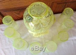 Fenton Vaseline Glass Topaz Opalescent Daisy And Fern Pitcher & 8 Tumblers