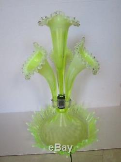 Fenton Vaseline Opalescent Threaded Glass Epergne