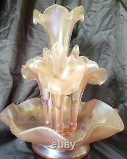 Fenton Velva Pink Rose Carnival Stretch Glass Epergne 13 Rare 75th Anniver