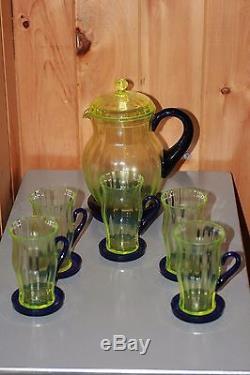 Fenton Vintage Lemonade Set Vaseline Glass + Cobalt Stretch Pitcher + 5 Cups