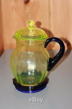 Fenton Vintage Lemonade Set Vaseline Glass + Cobalt Stretch Pitcher + 5 Cups