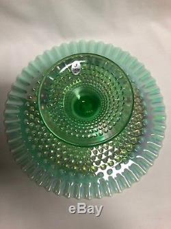 Fenton Willow Green Iridescent Hobnail Cake Stand