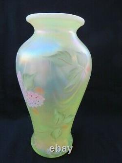 Fenton Yellow Topaz Vaseline Opalescent Drapery Vase HP Hydrangeas Butterfly 9.5
